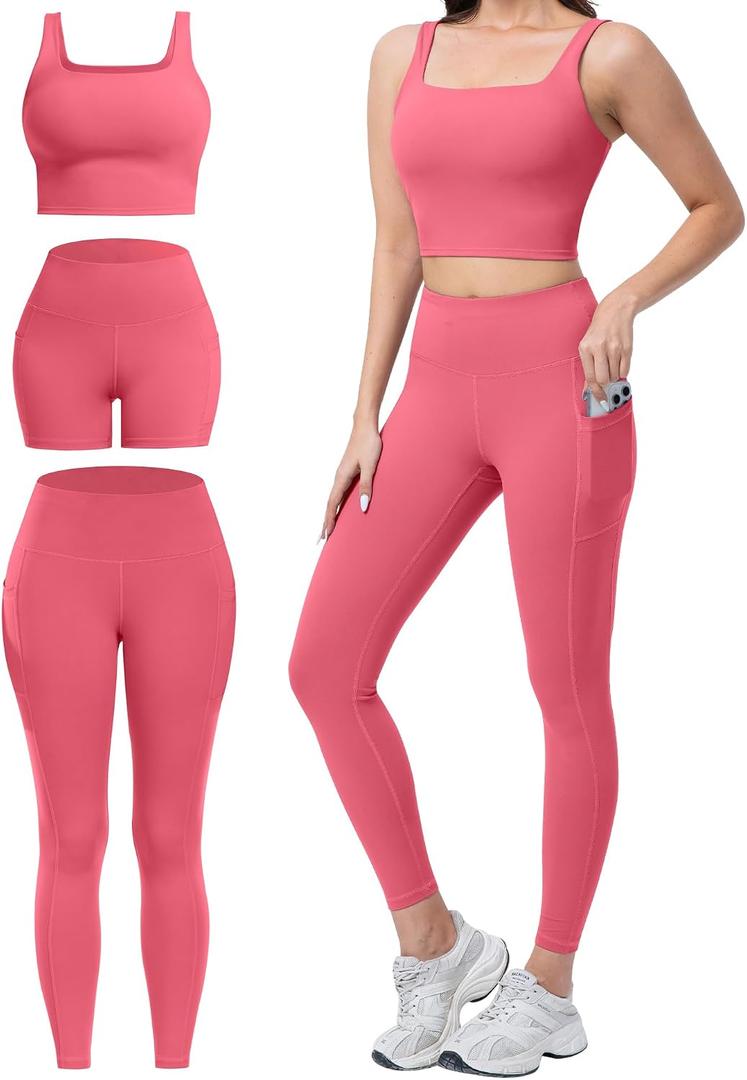 3 Piece Workout Sets for Women High Waisted Leggings with Pockets Tummy Control Biker Shorts Yoga Sports Bra,Small