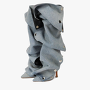 Arqa Womens Stiletto Heel Knee High Boots Pointed Toe Applique Denim Boot with Zipper Silver Buttons Fall Slouchy Boot 10