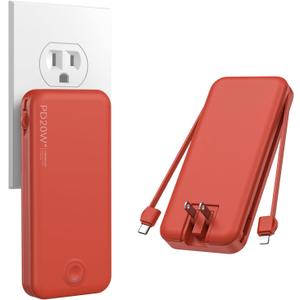 Nusyddy Portable Charger, 10000mAh PD20W Fast Charging Power Bank with Built-in Cables & Wall Plug, Travel Essentials External Battery Pack, USB C Battery Phone Charger for iPhone, iPad, Samsung Red