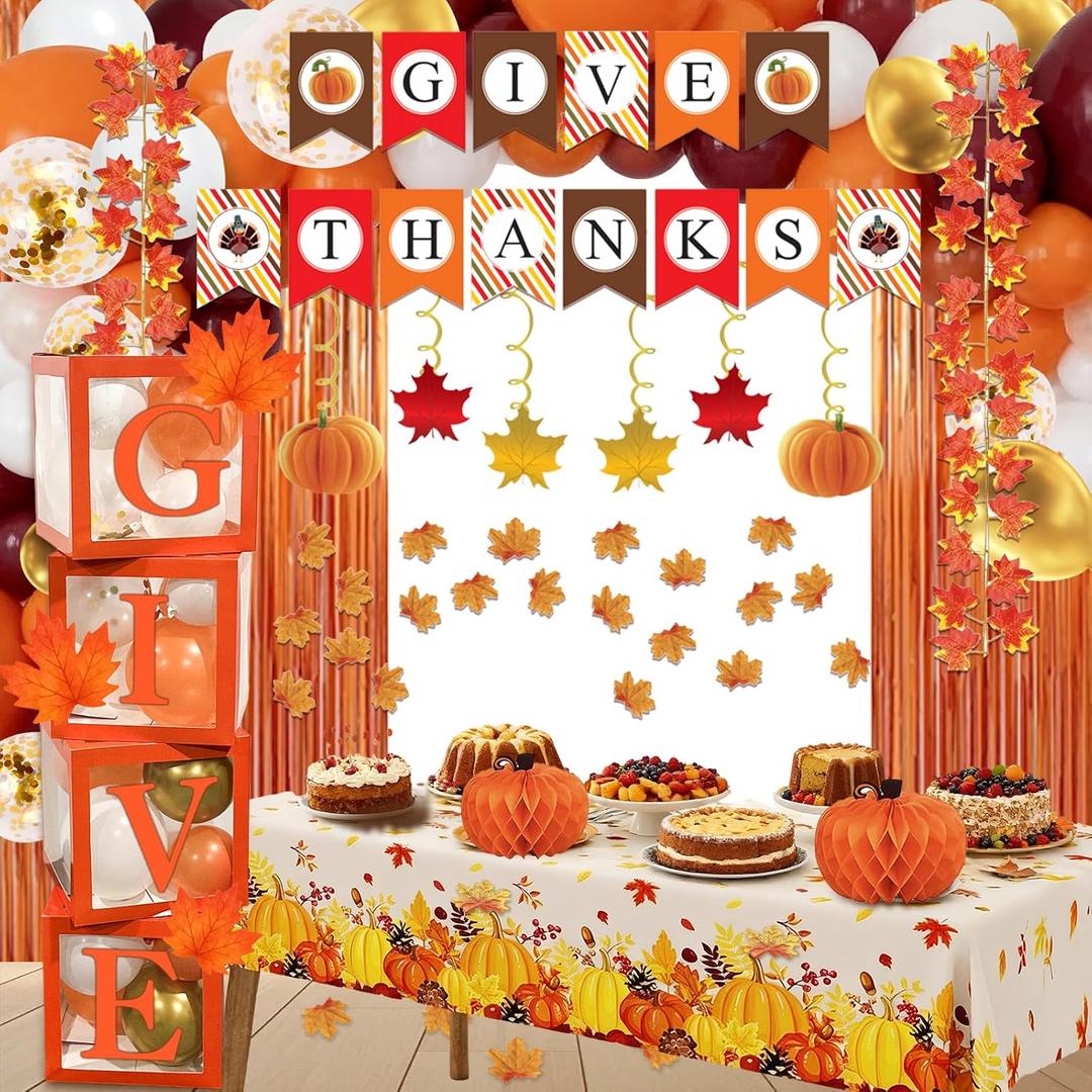 145 PCS Thanksgiving Decorations - Thanksgiving Party Supplies Indoor with 'GIVE THANKS' Banner, Fringe Curtain, Maple Leaves, Balloons, Balloons Boxes, Honeycomb Pumkin