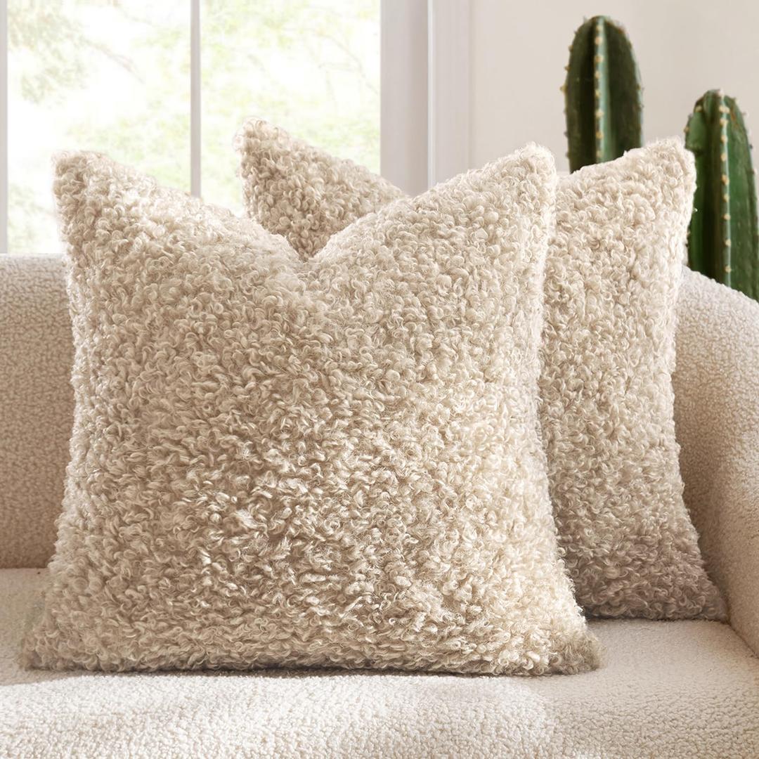 MIULEE Pack of 2 Faux Fur Throw Pillow Covers 18x18 Inch Neutral Oatmeal Boucle Decorative Sherpa Pillow Covers Fuzzy Accent Soft Sheepskin Fleece for Boho Home Decor Sofa Living Room Couch Bed 