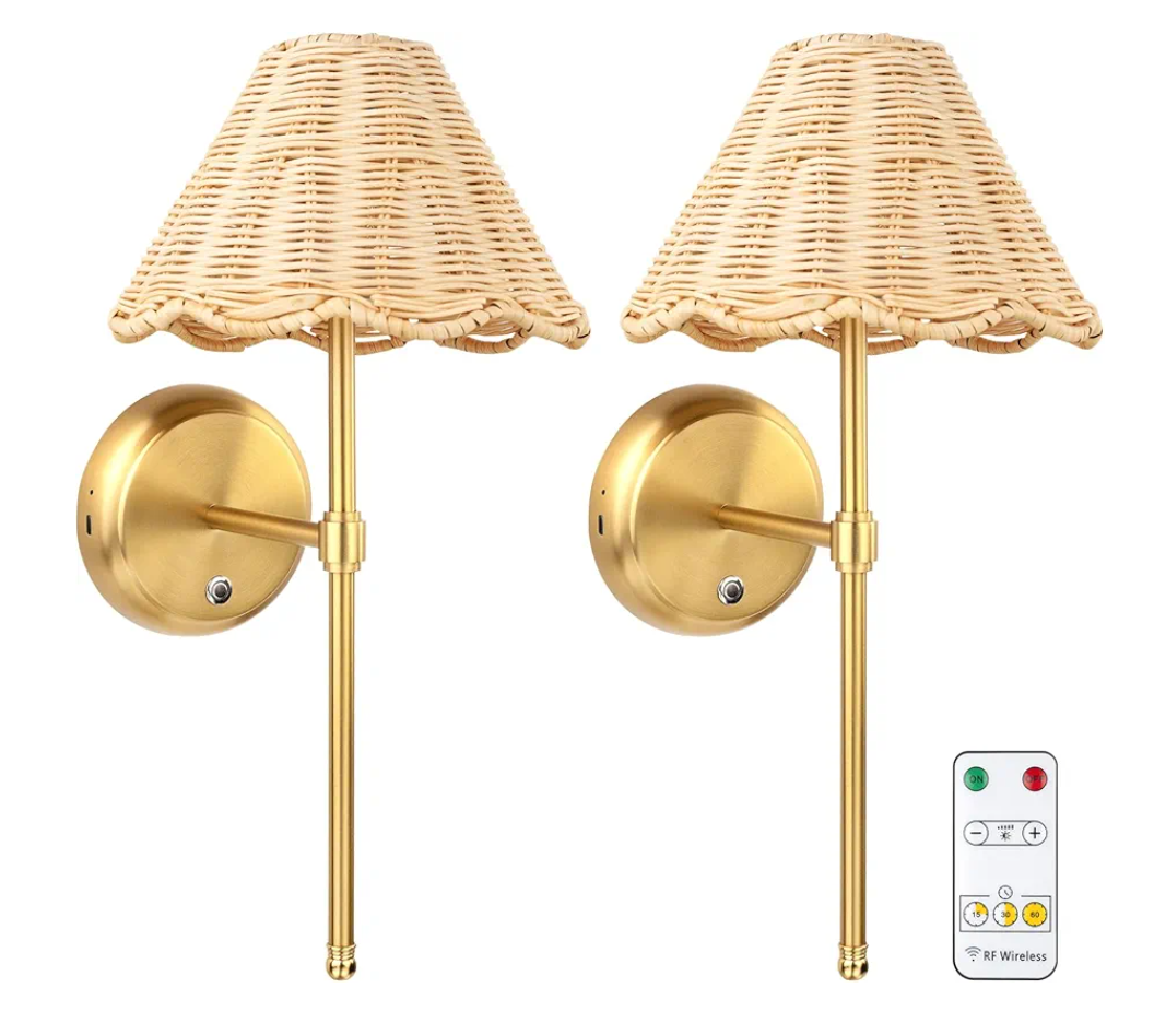 Battery Operated Boho Rattan Wall Sconce Set of 2, Stepless Dimming Magnetic Wall Lamp, 5200mAh Rechargeable Battery and Integrated LED, for Living Room Bedroom Hallway Corridor