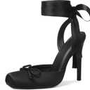 Celbreez Ballet Heels Satin Stiletto Heels for Women Close Square Toe Sling back Bow Lace Up High Nude Heel Women's Pumps Strappy Mary Jane Ballerina Heel Party Wedding Cute Shoes (8, Black)