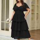 SCOMCHIC Women's Plus Size Formal Wedding Guest Evening Party Dress Short Sleeve Pleated Tiered Chiffon Bridesmaid Dresses (Black, L)