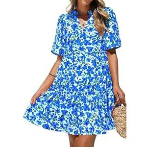 KIRUNDO Womens Summer Dresses Casual Boho Floral Mini Babydoll Short Sleeve A Line Dress V Neck Sundress Beach Vacation(White Blue Flower, Small)
