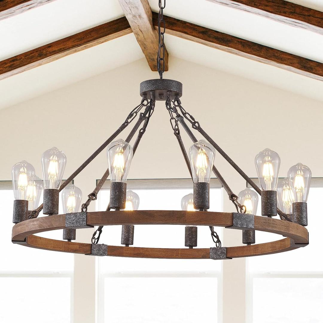 Farmhouse Wagon Wheel Chandelier 31" Black Wooden Chandelier 12-Light Rustic Pendant Light Fixture for Dining Room Living Room Entryway Foyer (12 lights Wood)
