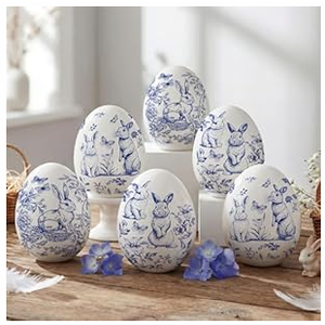 DoubleFill 6 Pcs Ceramic Blue and White Easter Eggs Chinoiserie Porcelain Eggs Spring Basket Bowl Filler Rustic Decorative Farmhouse Ornaments for Easter Home Trays Holiday Party Decorations
