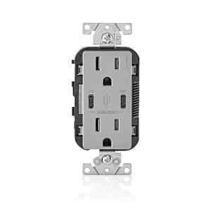 Leviton 30W (6A) USB Dual Type-C/C Power Delivery In-Wall Charger with 15A Tamper-Resistant Outlet, USB Charger for Smartphones, Tablets, Laptops, T5635-G, Gray