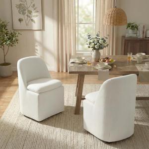 Upholstered Dining Chairs with Casters, Washable Cover Modern Dining Room Chairs with Thick Cushion & Sturdy Metal Frame for Kitchen, Living Room, Dressing Room, Linen Fabric, Set of 2