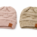 Soul Young Women's Ponytail Messy Bun Beanie Tail Hole Soft Stretch Cable Knit Hat, 2 Pcs, Pink and Shades Khaki