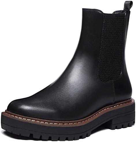 Athlefit Women's Chelsea Ankle Boots Platform Slip On Chunky Heel Lug Sole Leather Booties 8,5