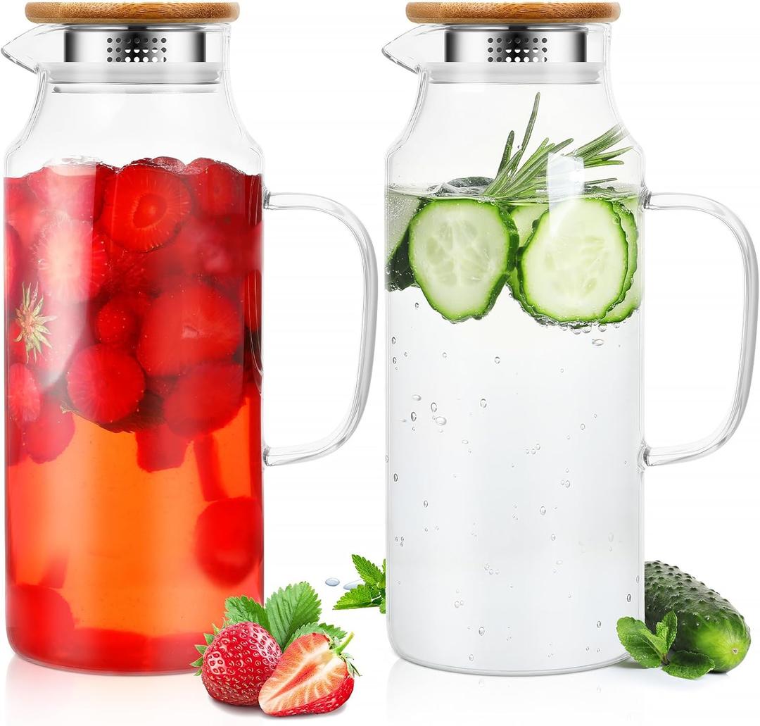 2 Pcs Glass Pitcher with Lid and Spout, Glass Carafe for Hot/Cold Water with Handle, Iced Tea Pitchers Beverage Pitchers for Fridge Coffee, Juice and Homemade(Stainless Steel, Bamboo,68 oz)