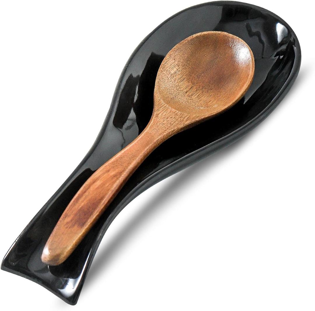 Ceramic Spoon Rest for Stove Top,Large 8.7 Inch Spoon Holder for Kitchen Counter,Porcelain Utensil Rest for Thankgiving and Christmas Gift,Dishwasher Safe and Heat-Resistant,Black(1 PC) (Black)