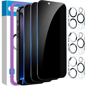 Fotbor [3+3 Pack iPhone 16 Pro Privacy Screen Protector with Camera Lens Protector, Anti Spy Private Full Coverage Bubble Free 9H Hardness Tempered Glass Film 6.3 Inch with Easy Installation Kit