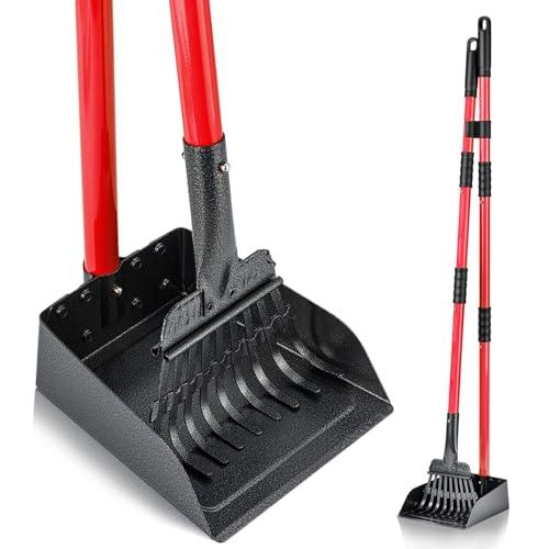 MXF Pooper Scooper, Dog Pooper Scooper Long Handle Stainless Metal Tray and Rake Set for Medium Small Dogs Heavy Duty - Use on Grass, Dirt or Gravel - Red