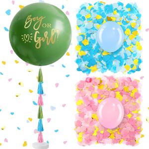 Syhood Jumbo Gender Reveal Balloon Pop Kit with 36 Inch Boy or Girl and 5 Inch Blue Pink Balloons Heart Shaped Confetti Tassels Stand for Baby Shower Party Supplies Decorations (Green)