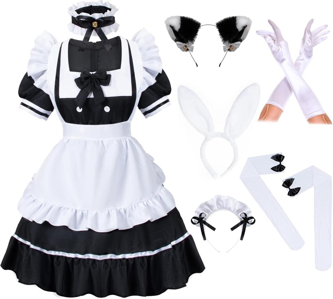 Irtysh Anime French Women Bunny Maid Sweet Kawaii Costume Cosplay Dress Furry Cat Ear Gloves Socks set (Medium, Black)