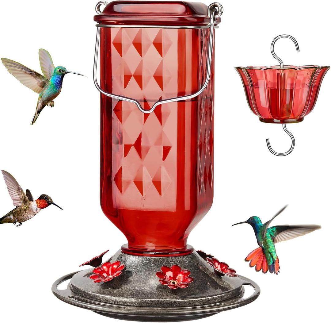 Kingsyard Glass Hummingbird Feeder for Outdoor Hanging, 24 Ounces, 6 Feeding Ports, Bird Nectar Feeder for Garden Dcor, Ant Moat Included, Red
