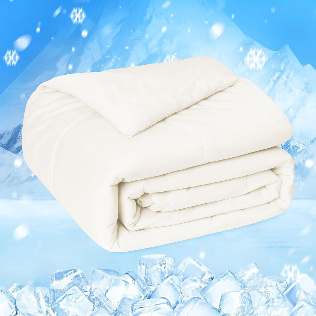 HOMFINE Cooling Comforter Japanese Double-Sided Cold Tech Fabric Cooling Blanket for Night Sweats Hot Sleepers, Q-Max 0.45 Soft Breathable Silky Smooth Lightweight Beige Summer Comforter King
