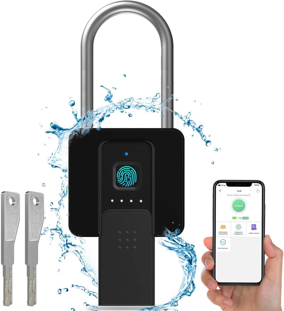 Fingerprint Padlock with Key Backup, Anweller Weatherproof Biometric Bluetooth App Controlled Keyless Smart Electronic Long Shackle Combination Lock for Outdoor Fence Gate Pool Shed Yard Gym Locker (2.7" Shackle with Case)