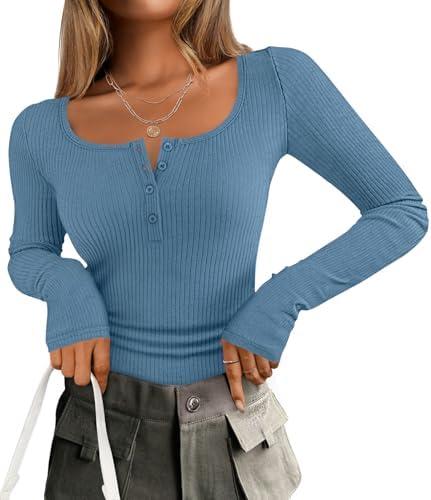 ZESICA Women's Long Sleeve Button Ribbed Shirts Spring Scoop Neck Casual Henly Tops, M