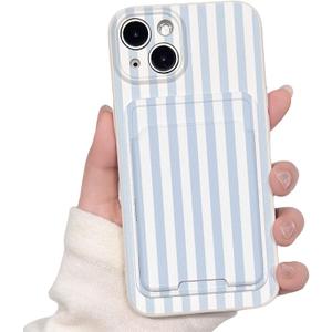 Lovmooful Compatible for iPhone 15 Case Cute Aesthetics Color Striped with Card Holder Design for Girls Women Soft TPU Shockproof More Protective Girly for iPhone 15 Case-Blue&White