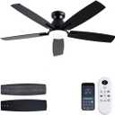 Ceiling Fans with Lights, 52 Inch Low Profile Ceiling Fan with Light and Remote Control, Flush Mount, DC Reversible Motor, Dimmable LED Black Ceiling Fans for Bedroom,Indoor/Outdoor Patio Use