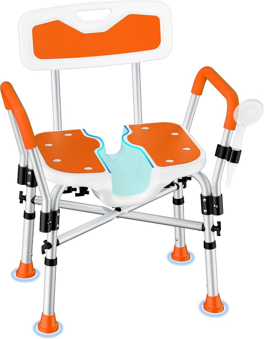 FSA/HSA Heavy Duty Shower Chair for Inside Shower, 500LBS Shower Chair with Arms Back, Padded Bath Seat with U-Shaped Cutout, Anti-Slip Adjustable Bath Stool for Seniors, Handicap, Pregnant, Orange