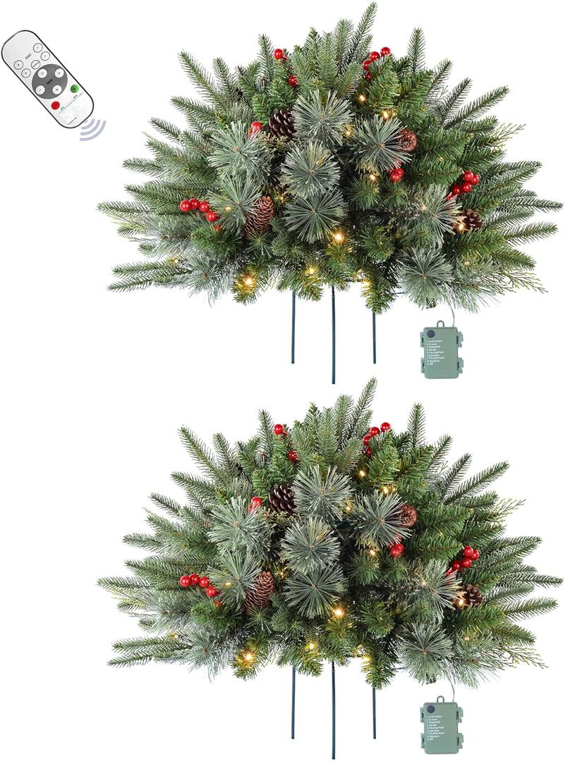 2 Pack 24 Inch Lighted Outdoor Christmas Tree with Dual Color LED Lights, Remote Control Battery Operated Pre-lit Pathway Urn Filler, Christmas Porch Decorations for Home, Porch & Yard (Green)