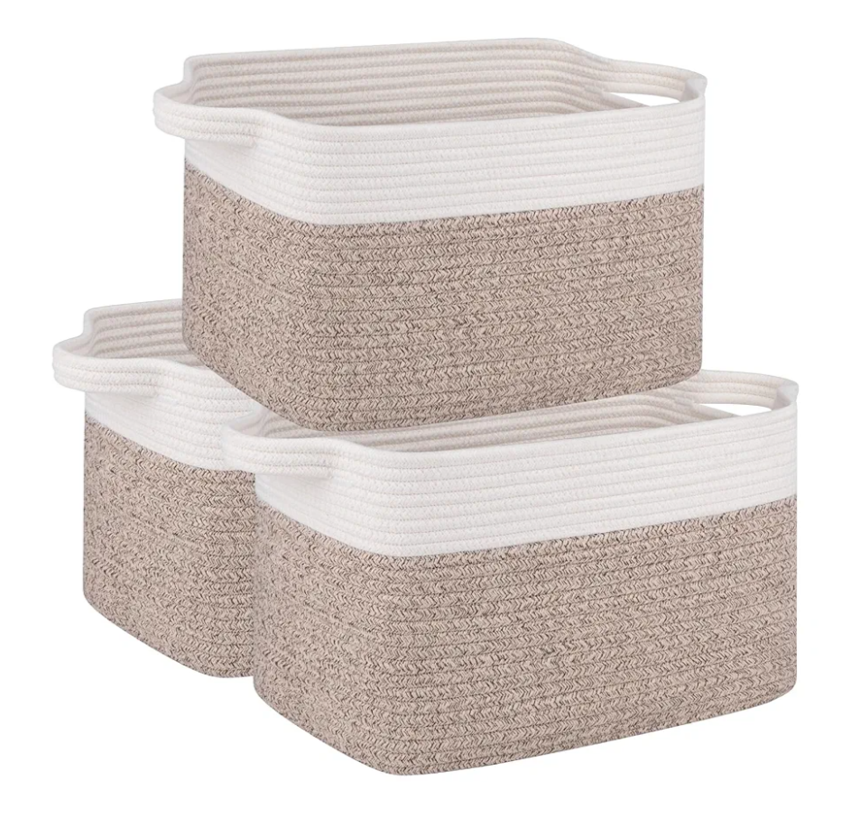 OIAHOMY 3 Pack Storage Baskets for Organizing, 13''X9.85''X8.7'' Storage Bins,Woven Basket with Handles, Toy Storage Bin,Stylish Room Decor Basket, white & Brown variegated