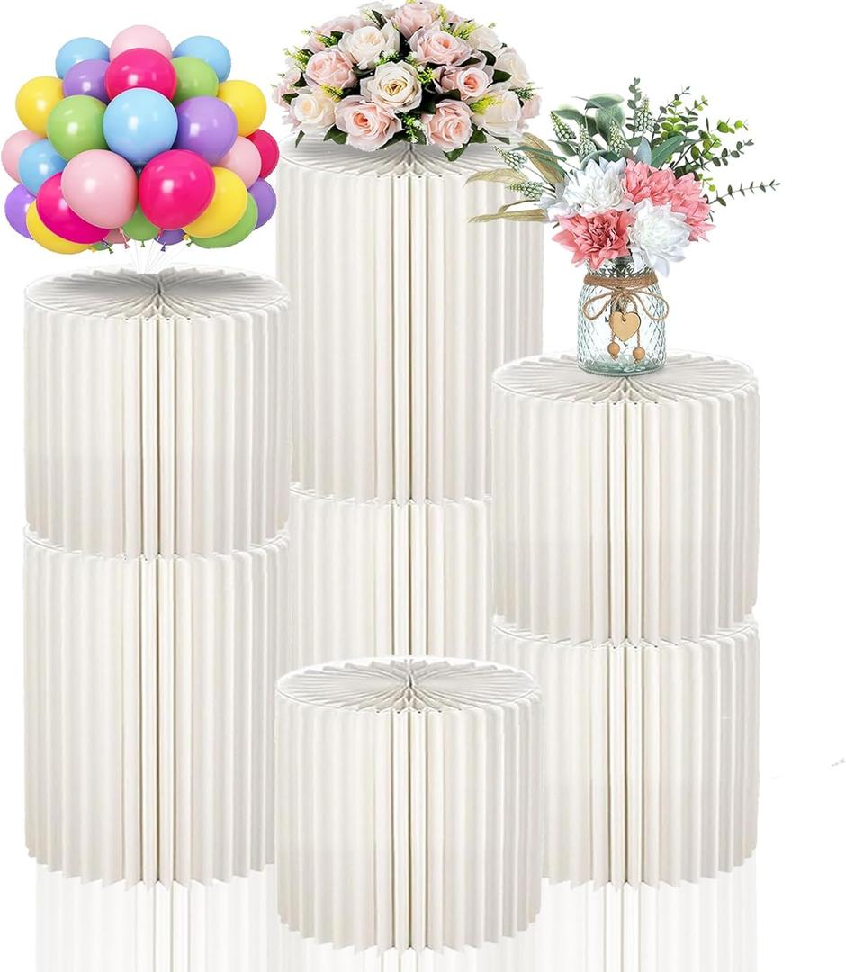 7 Pack Cylinder Stands for Party, 11.8"+15.7" Round Pedestal Stand, Foldable Cardboard Columns Cylinder Tables, Pedestal Display Plinth Pillars with Balloon & Pump for Wedding Birthday Party