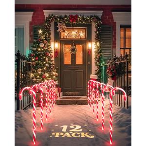 COOLWUFAN 12 Pack Christmas Candy Cane Pathway Markers, 17'' Christmas Outdoor Decorations Pathway Lights with 60 Warm Lights for Indoor and Outdoor Xmas Holiday Party Patio Yard Decor (Red)