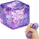 3 x Glitter Ice Cube Squishy Fidget Toys, Squishy Cube Stress Balls for Adults & Kids, Slow Rising Stress Relief Toys, Squeeze Ball Filled with Thick Substance and Glitter (Purple)