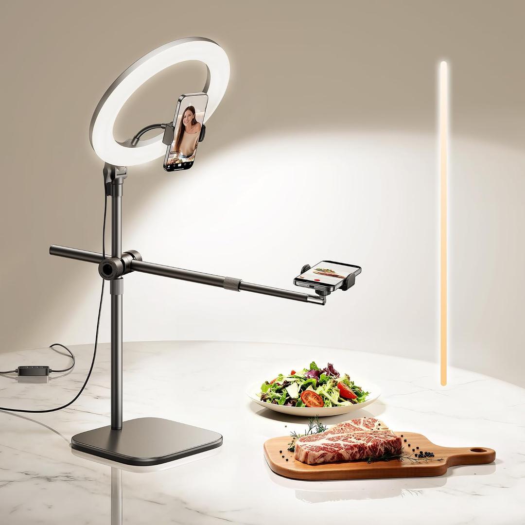 Overhead Phone Mount, Overhead Camera Mount Stand [Anti-Shaking] with 10.5" Ring Light, Desk Stand for iPhone with Ring Light for Video Recording, Zoom Meeting, YouTube, TikTok