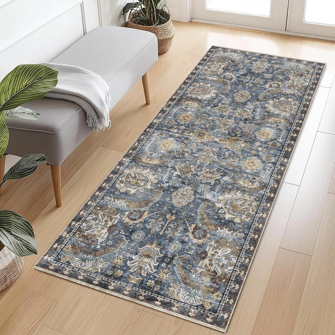 RUGSURE Washable Area Rugs - Perfect for Living Room, Bedroom, Kids Room, Nursery - Stain & Water Resistant Non-Slip, Pet & Child Friendly, Vintage Tribal Area Rugs (Navy, 2'6'' x 8')