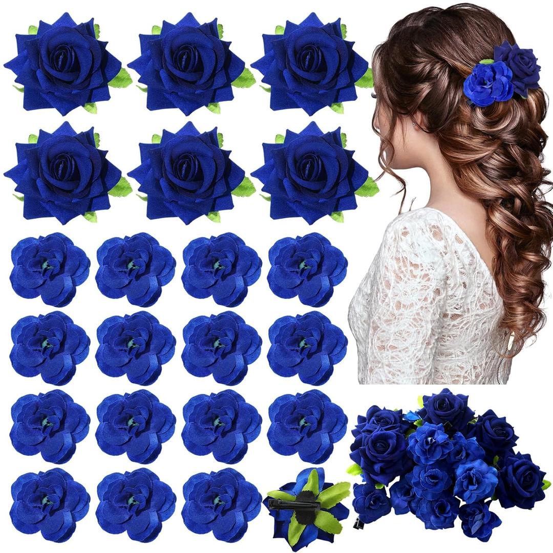 BBTO 21 Pieces Flower Hair Clip Rose Hair Clips Hair Barrettes for Women Flower Hair Accessories Boho Bride Claw Clip Hairpin Brooch Pin Headpiece for Wedding(Royal Blue,Large, Small) (One Size)