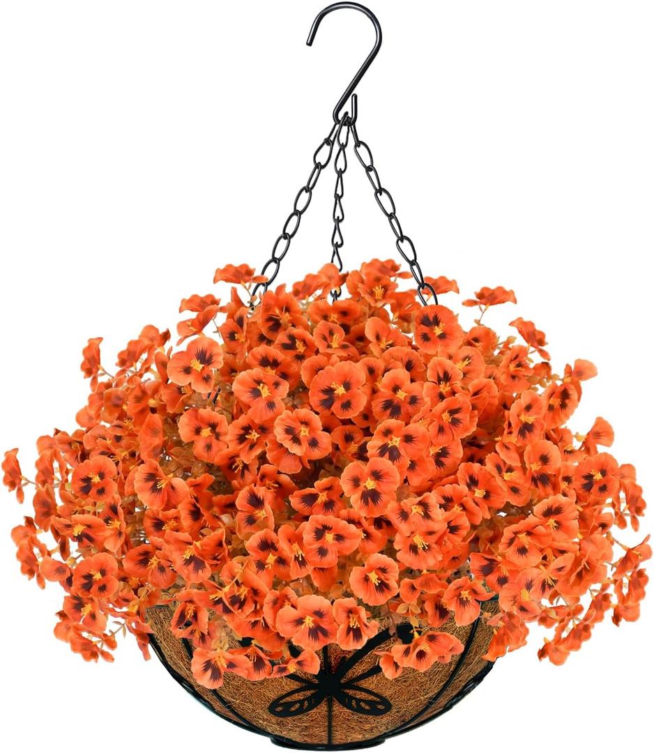 Agusbagli Artificial Hanging Fall Flowers with Baskets for Outdoors Fake Hanging Autumn Plants UV Resistant Faux Orange Flowers in Basket Decor for Porch Patio Garden Yard Window Home Fall Decor