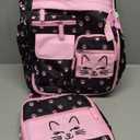 Girls Backpack, Cute Cat School Backpacks for Girls with Insulated Lunch Box Pen Case Set, Kids Backpack Kindergarten Elementary Middle School Book Bag for Teen Girl Children Students (Black Pink)