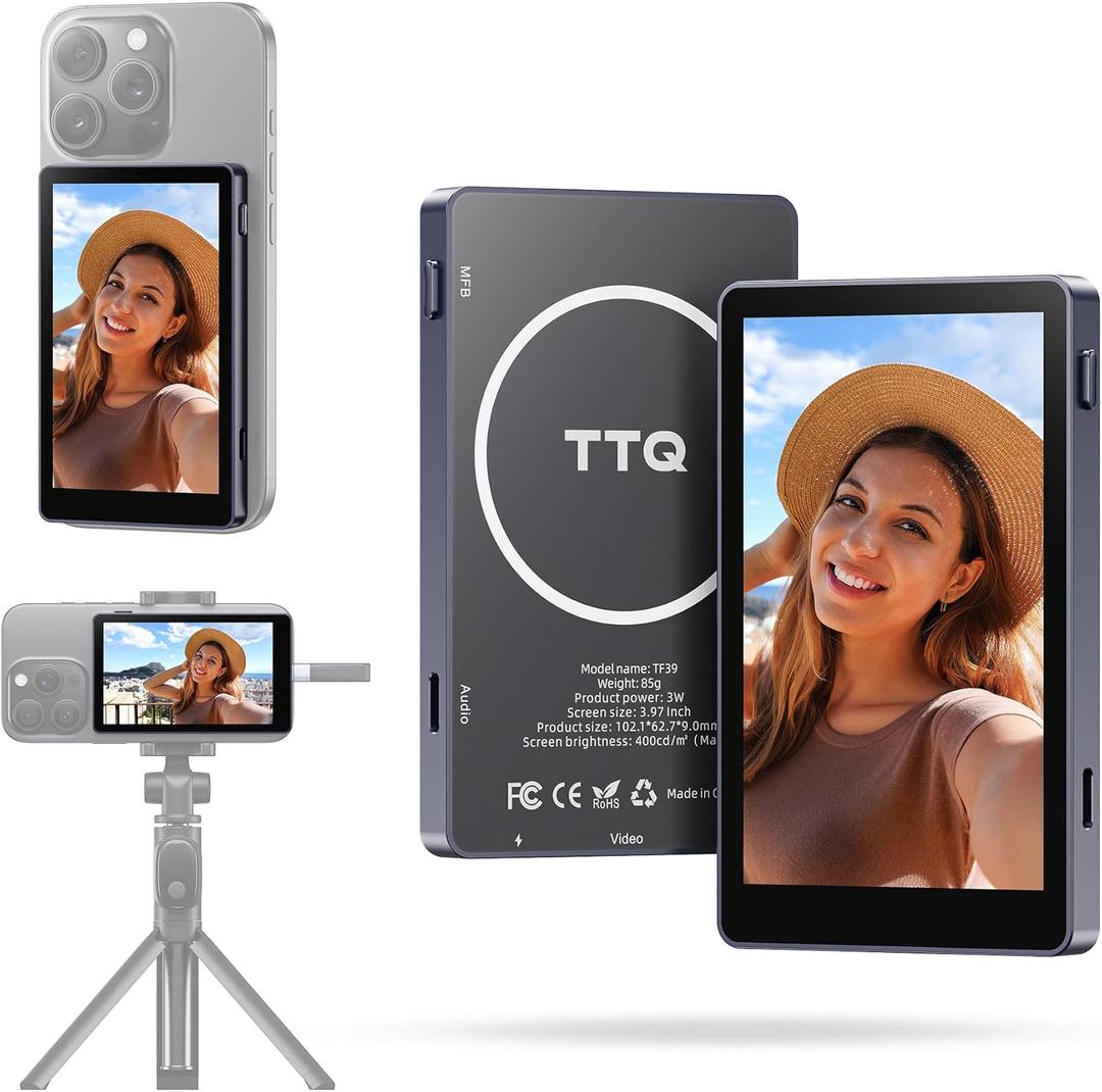 Vlog Selfie Monitor Screen, Magnetic Phone Vlog Selfie Monitor Screen 4K 30fps Bluetooth Remote, Back Camera Monitor for Vlog Live Stream TikTok, Compatible with iPhone & Android
