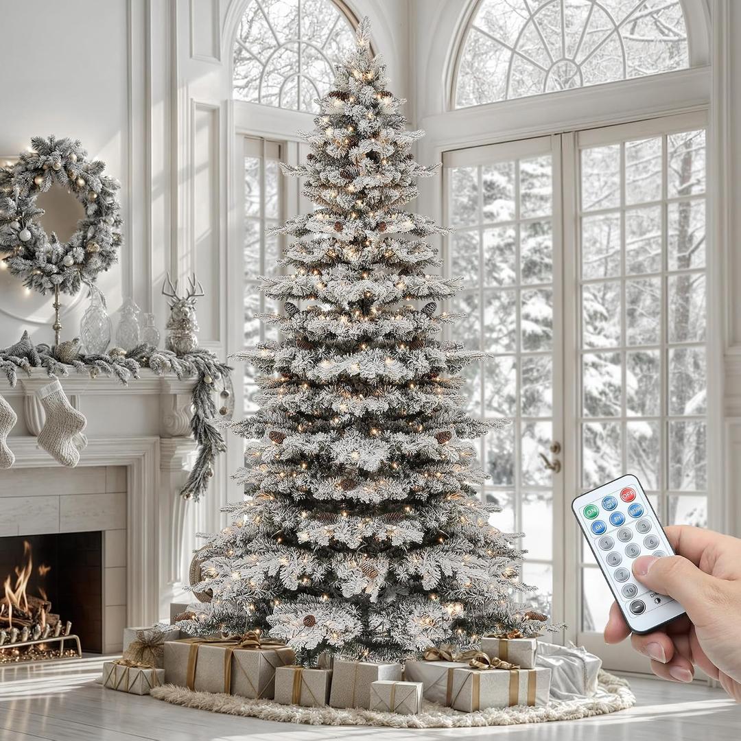 YITAHOME Pre-Lit Mountain Pine Flocked Christmas Tree with Remote, 7.5FT Pre-Decorated Hierarchical Tower Flocked Christmas Tree, 1278 Branch Tips, 550 Lights, 55 Pine Cones for Party Home Deco