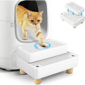 Extra Large 2 Steps Cat Litter Box Step Ramp, Cat Litter Catcher Mat with Wooden Feet, Filter Function, Cat's Pedal Stool for Self-Cleaning Litter, Suitable Kitten & Elderly Cats (White)