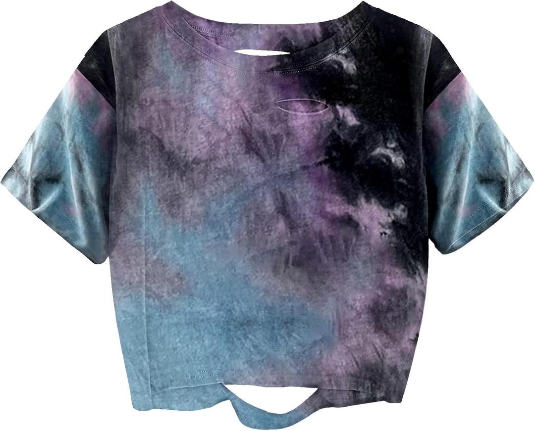 Remidoo Women's Casual Short Sleeve Graphic Print Tie Dye Crop Top T Shirt, Medium, Td Black Purple