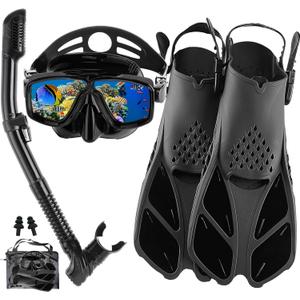 Snorkeling Gear for Adults with Fins Scuba Diving Gear Adult Professional Travel Snorkel Sets with Flippers,Anti-Fog Anti-Leak Diving Mask (US Men 4-8.5 | US Lady 6-9.5, Solid Black)
