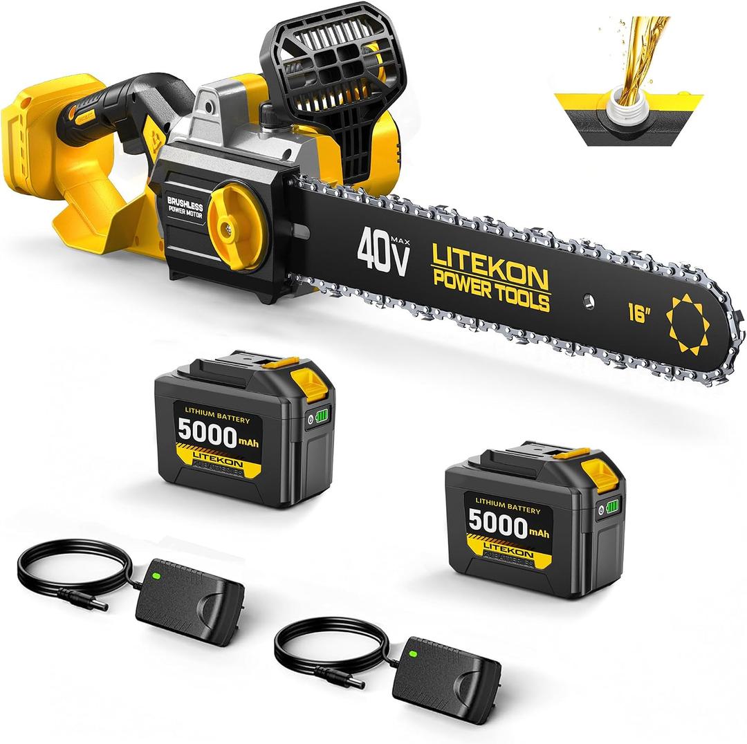 LITEKON 40V 16-Inch Cordless Chainsaw, Brushless Electric Chain Saws with 25.0Ah Batteries & Charger, 2800W Battery Powered Auto-Oiling Electric Saw for Tree Trimming, Wood Cutting, Yard Work