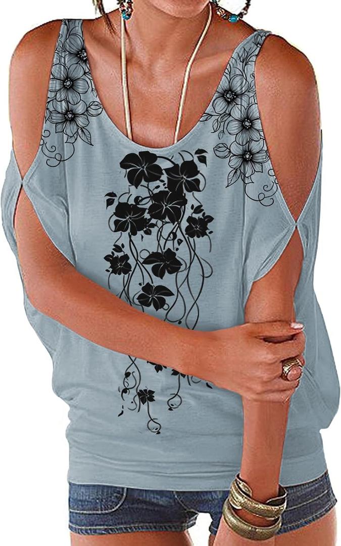 Miselon Women Cold Shoulder O-Neck Short Sleeve Loose Fit Summer Shirt Blouse Tops (Blue, S)