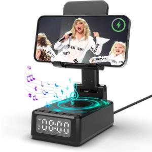 Birthday Gifts for Men Women,6-in-1 Cell Phone Stand Holder with Wireless Bluetooth Speaker & Wireless Charger,Alarm Clock for iPhone,HD Surround Sound Portable Bluetooth Speaker Gifts for Him Her