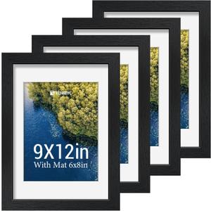 9x12 Picture Frame Set - 4 Pack, Black Wood Photo Frames - Tempered Glass - Displays Photos 6x8 with Mat or 9 x 12 without - Room, Office, Gallery, Studio, and Hallway Decor - Wall Hanging