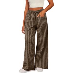 Acelitt Women Casual Drawstring Elastic Waist Loose Wide Leg Striped Pants with Pockets, (Large)