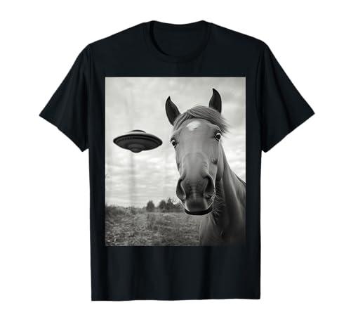 Funny Horse Selfie with Alien UFO Funny UFO Horse T-Shirt XL