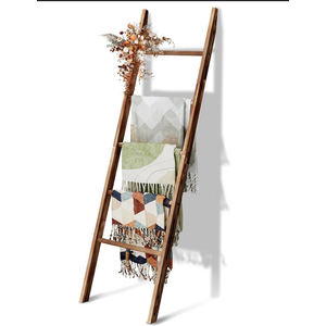 Blanket Ladder for Living Room 5-Tier Blanket Holder with Light, Wall-Leaning Blanket Rack, Ladder Shelves, Wooden Quilt Ladder, Farmhouse Decor for Bedroom Bathroom Home Decor (Brown)
